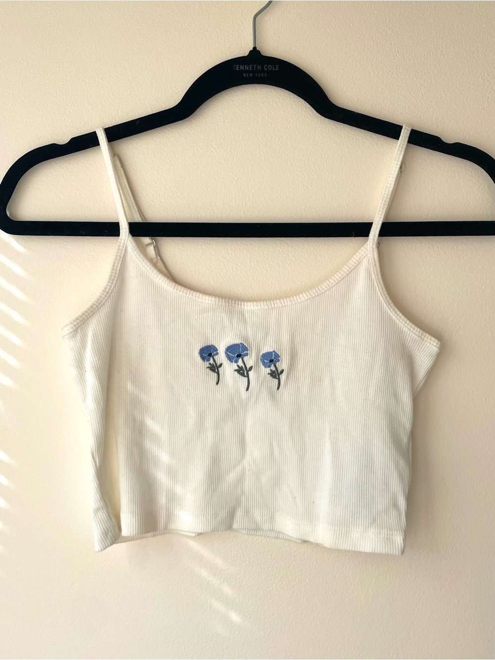 Hollister White Ribbed Cropped Cami with Blue Floral Embroidery